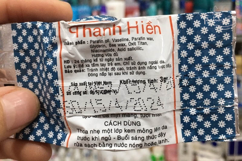 Mặt sau bao bì kem Thanh Hiền