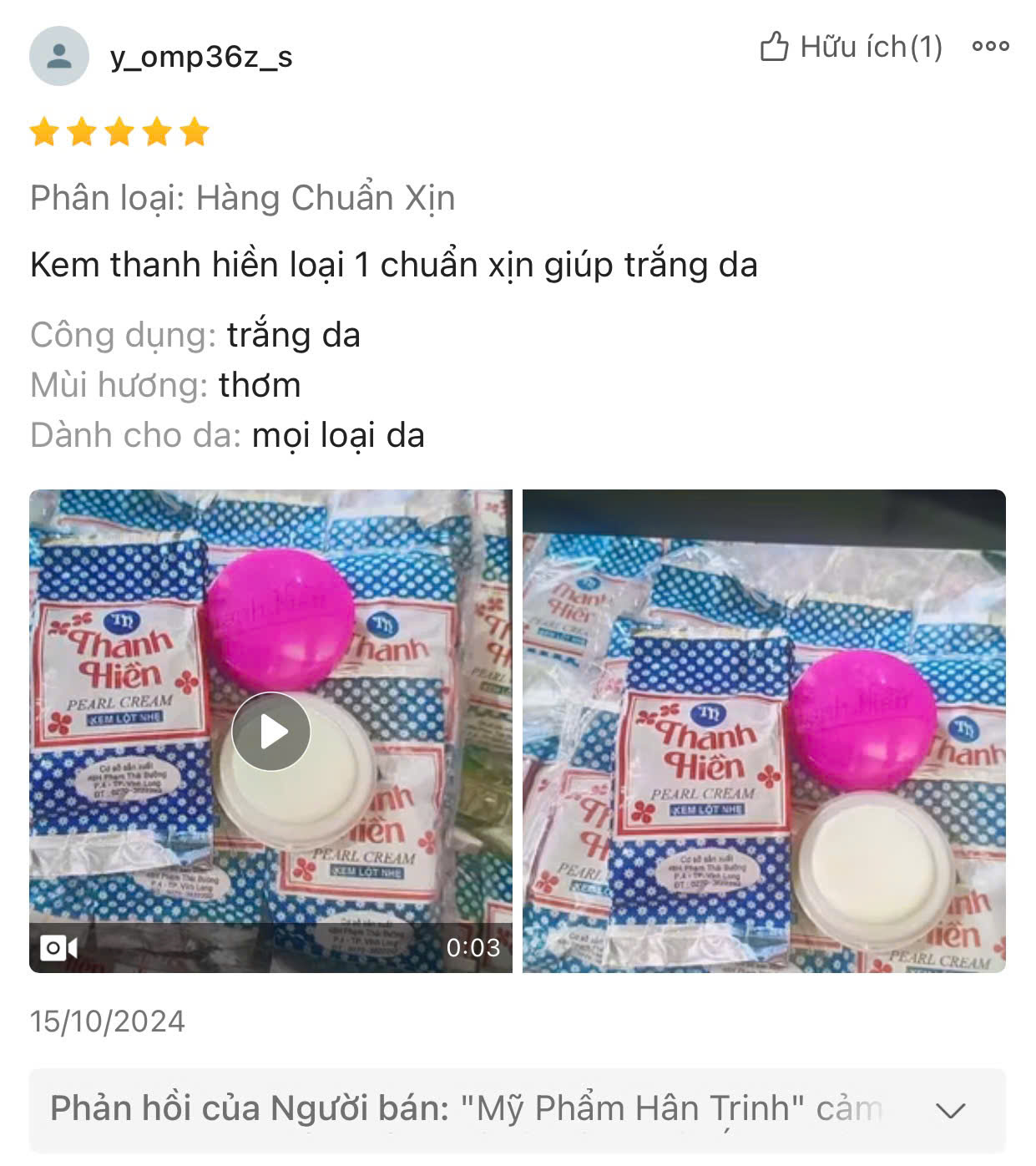 Review tác dụng kem Thanh Hiền trên sàn Shopee