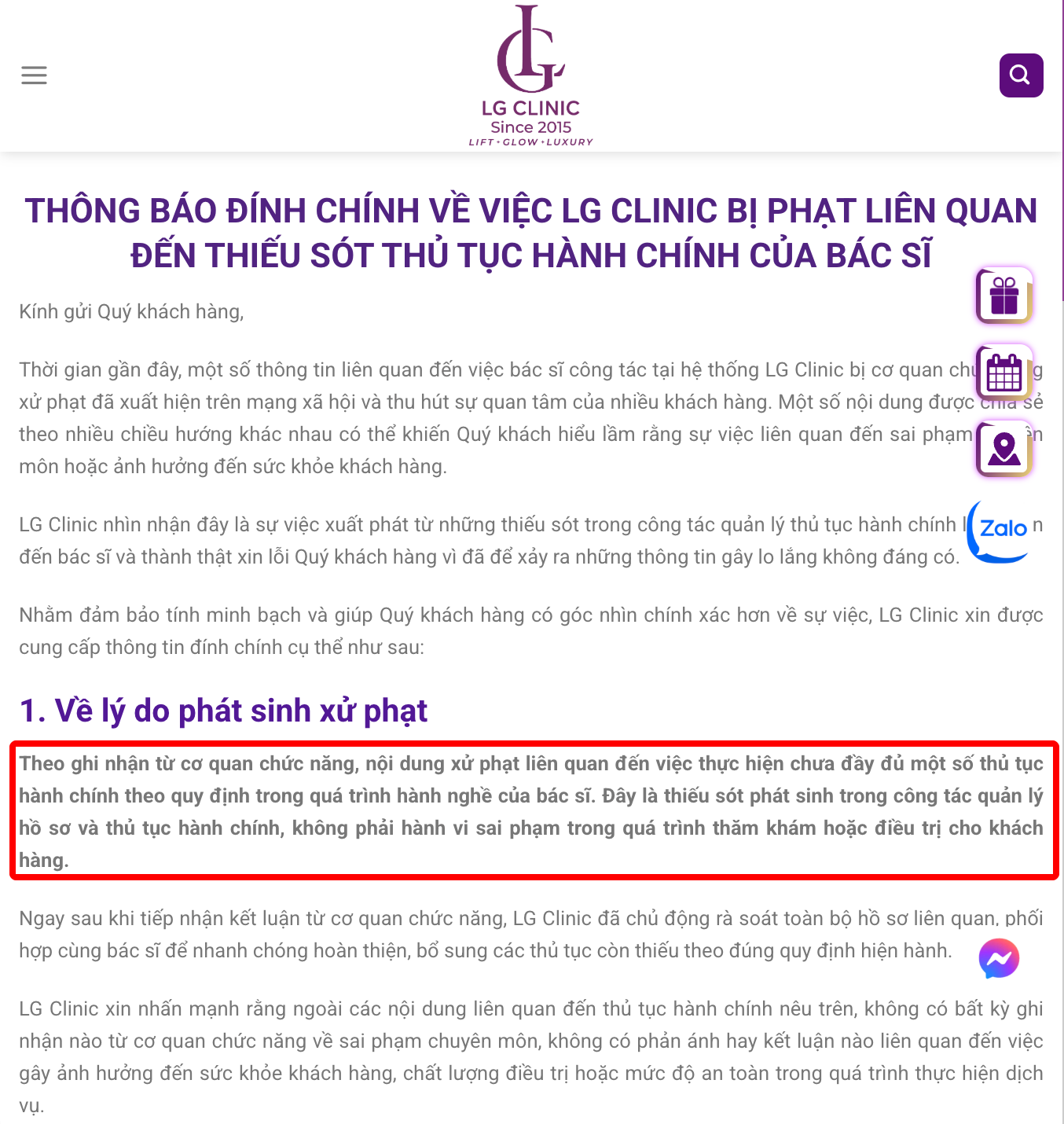 Thông tin LG Clinic đăng tải lên website